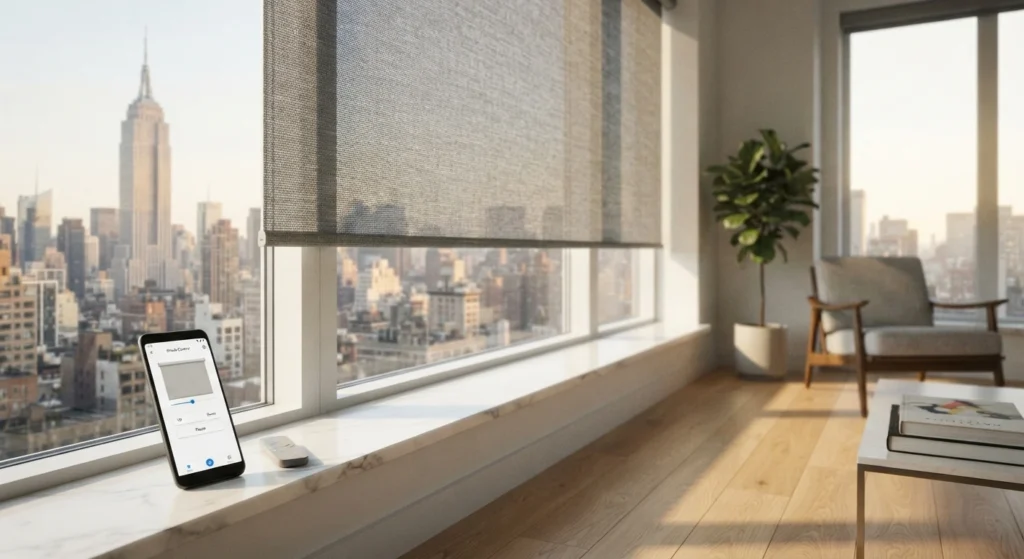 Smart motorized shade automatically adjusting in a NYC apartment window